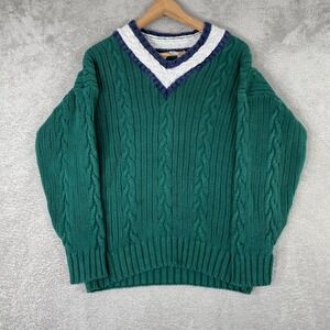 Vintage Nuggets Sweater Womens Medium Green Chunky Cable Knit V Neck Cottagecore